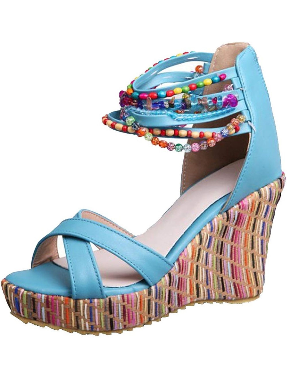 Blue Beaded Ankle-Strap Wedge Sandals